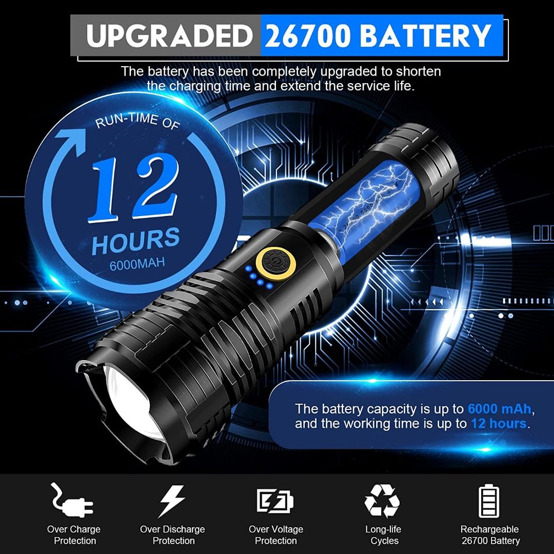 Lumitact Torches LED Super Bright, Rechargeable LED Torch 10000 Lumens  XHP70.2, IP67 Waterproof Tactical Flashlight, Powerful Torch for Camping  Hiking Emergency Gift (with 6000mah Battery) [Energy Class A+++], Sports  Equipment, Hiking 