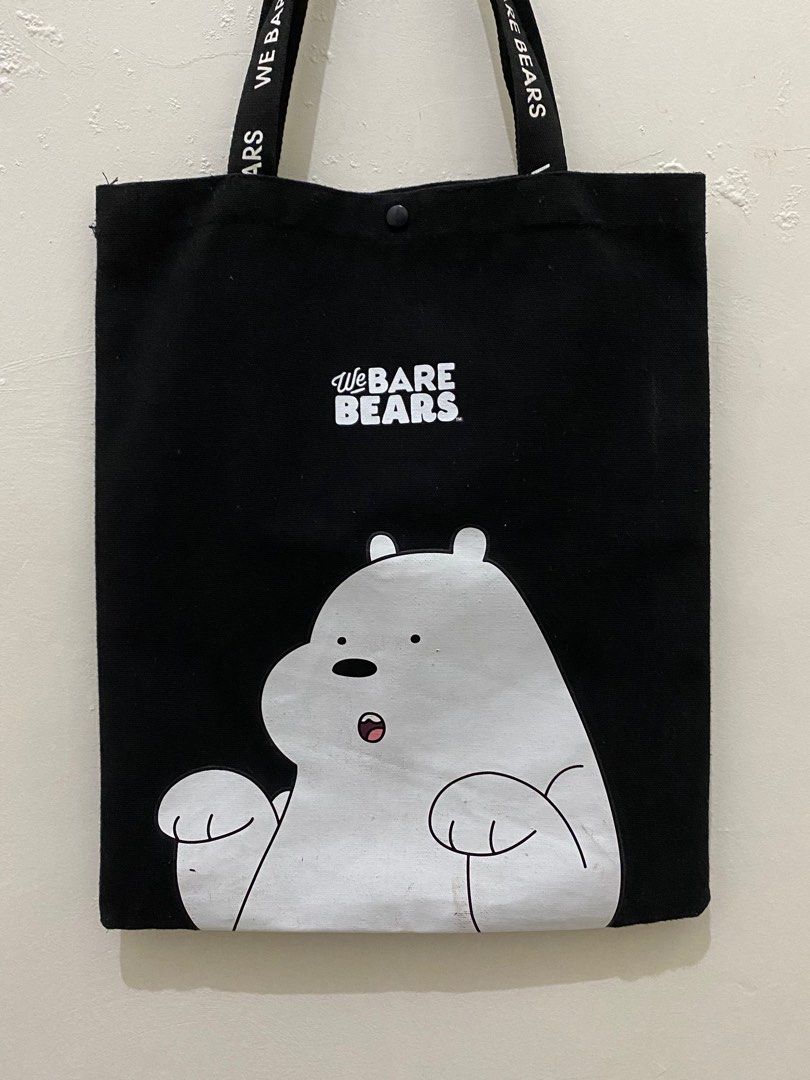 Miniso ice bear we bare bears black tote bag, Women's Fashion
