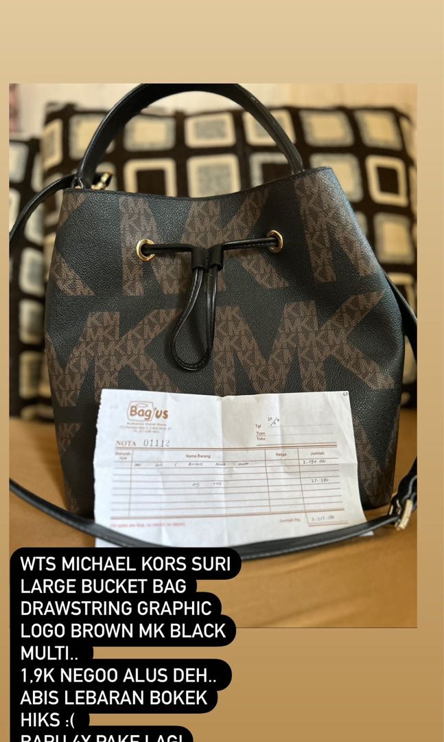 Michael Kors Suri Large Bucket Bag Drawstring Brown Logo MK Signature NWT