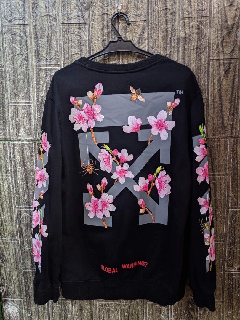 Off White Sakura Cherry Blossom LS Men s Fashion Tops