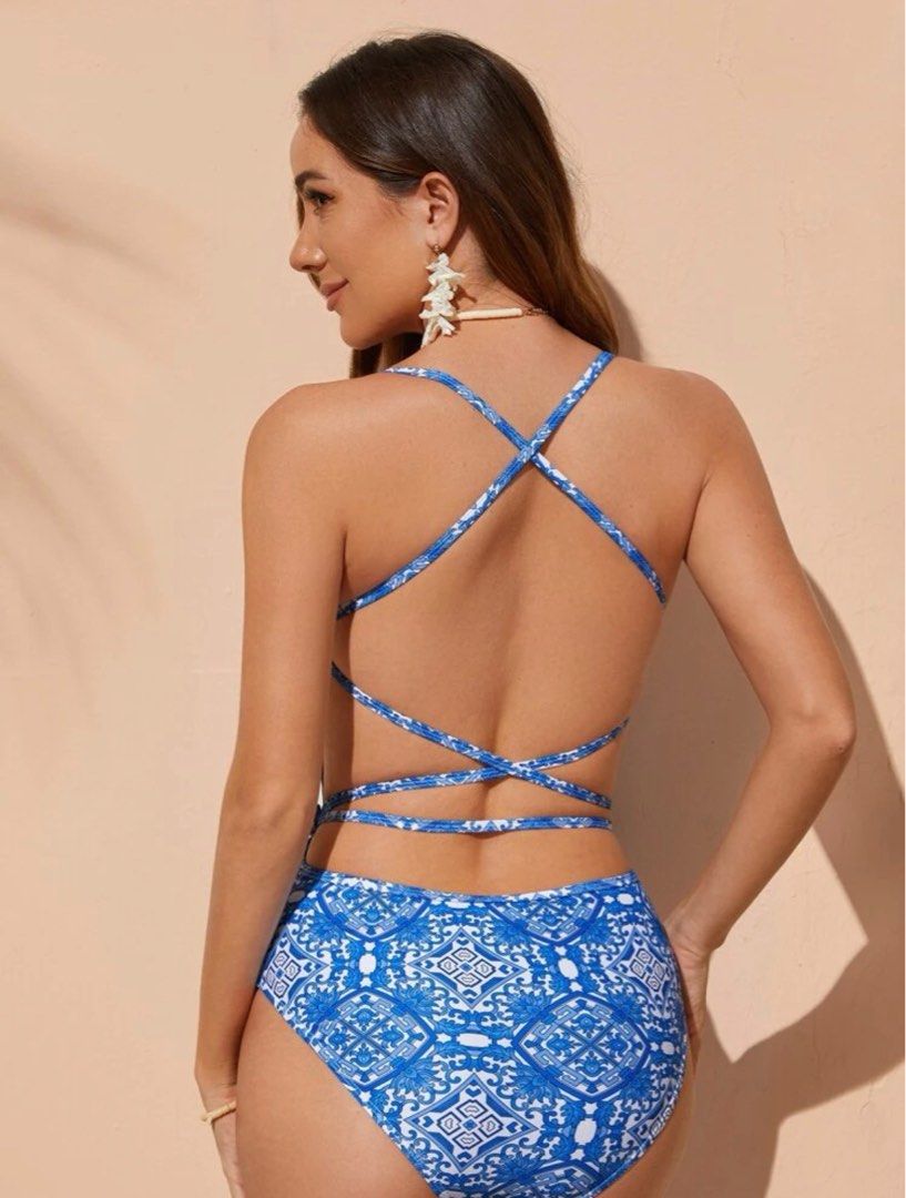 One piece swimsuit Shein Print Crisscross, Women's Fashion, Swimwear