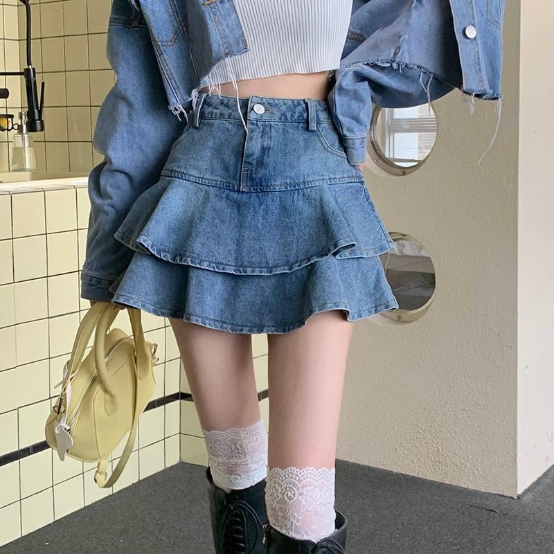 ruffled denim layered skirt ulzzang streetwear tumblr harujuku