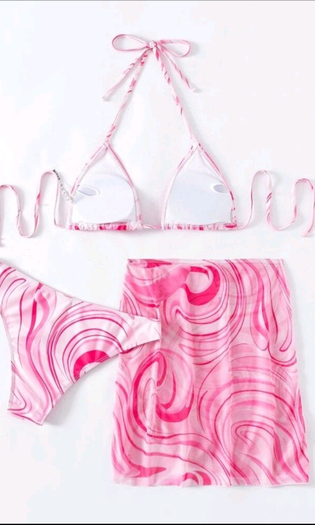 SHEIN Swimsuit 2 piece with cover up skirt pink on Carousell