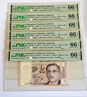 (Consignment) [Legacy Collectibles] Singapore Portrait Series $2 (2015) Polymer Auspicious Number 8 (each set consists of 6 pieces) with PMG 66 EPQ