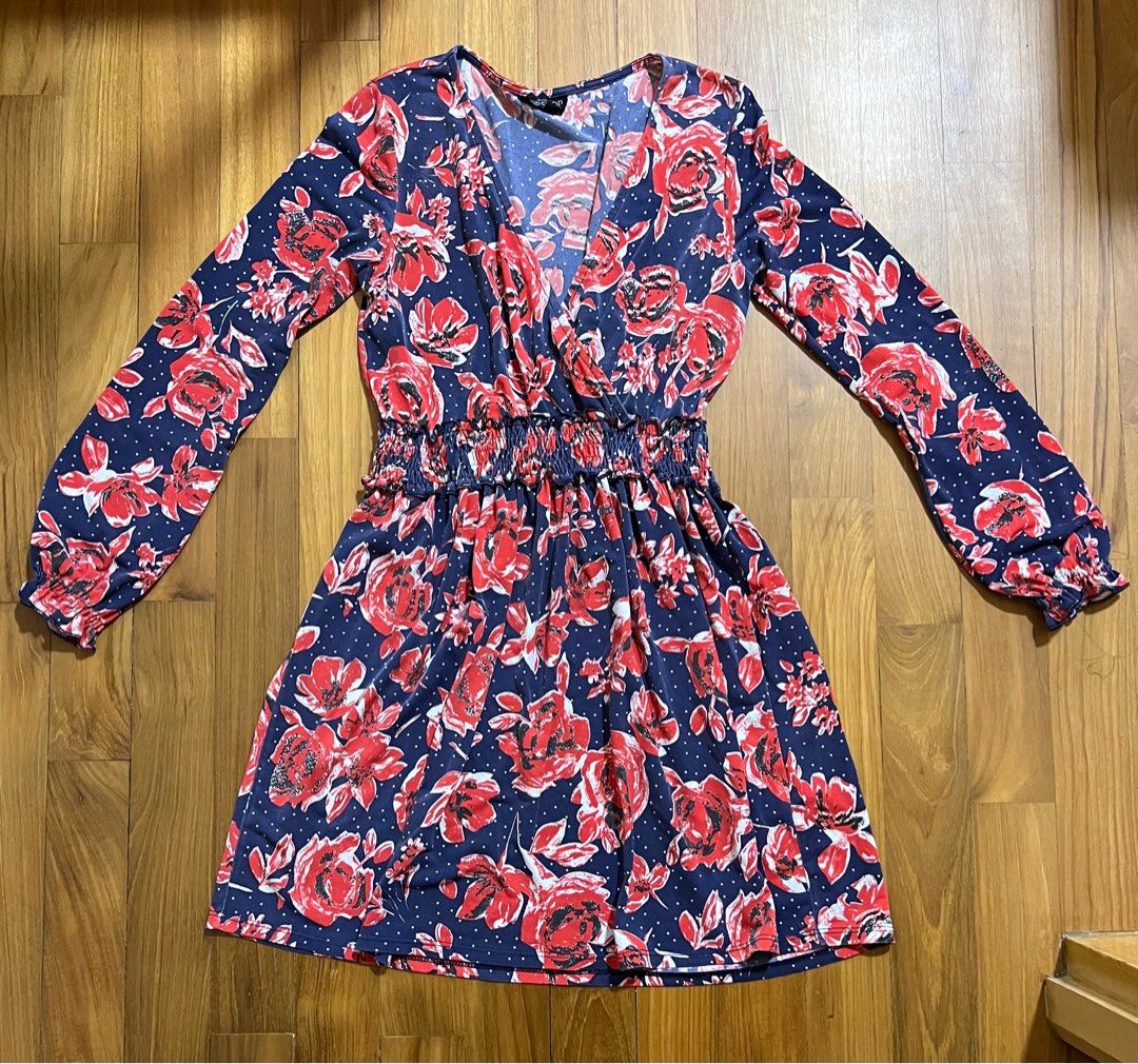 Topshop Petite Blue Red Floral Dress polka dots faux wrap