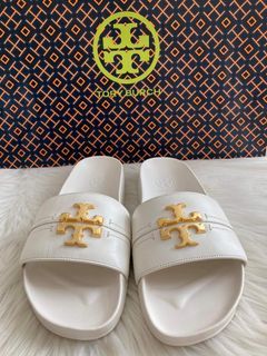 Tory Burch Everly Calf Leather Anatomic Cloud White  Slides Sandals Size 6.5
