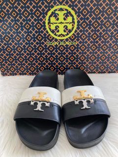 Tory Burch Everly Calf Leather Anatomic Cloud New Ivory/Perfect Black Slides Sandals Size 6