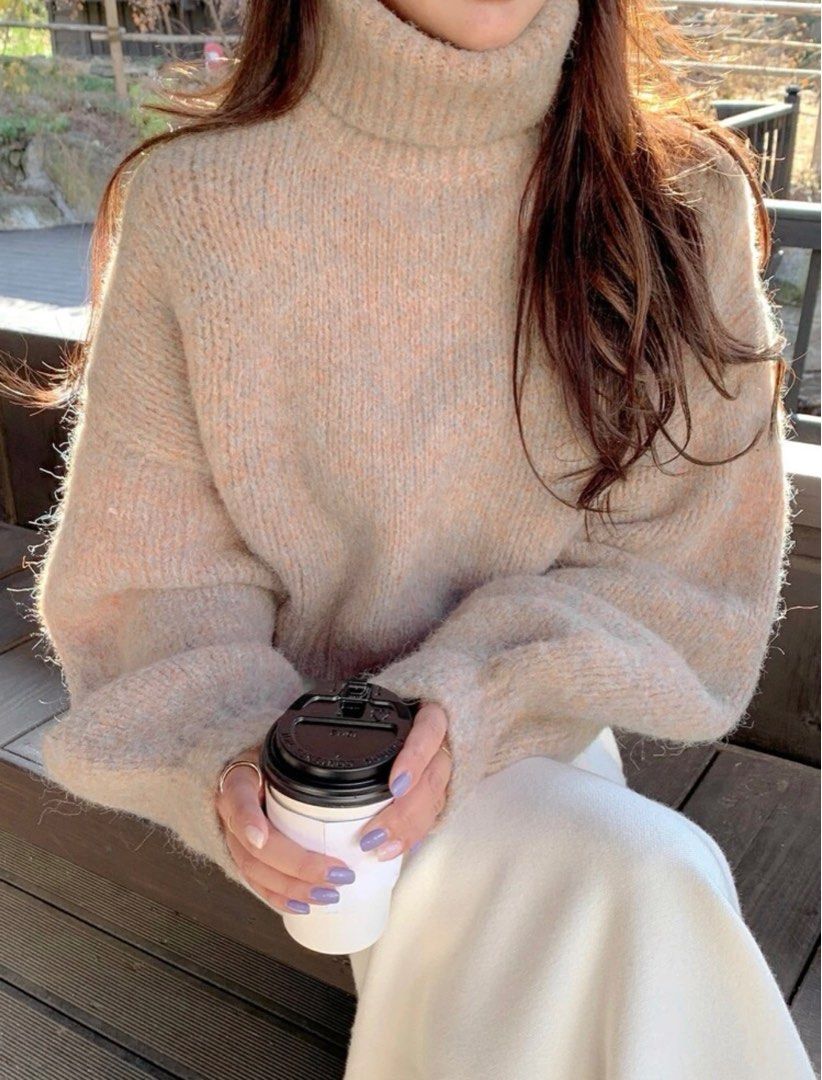 Turtleneck Bishop Sleeve Crop Sweater Women s Fashion Tops