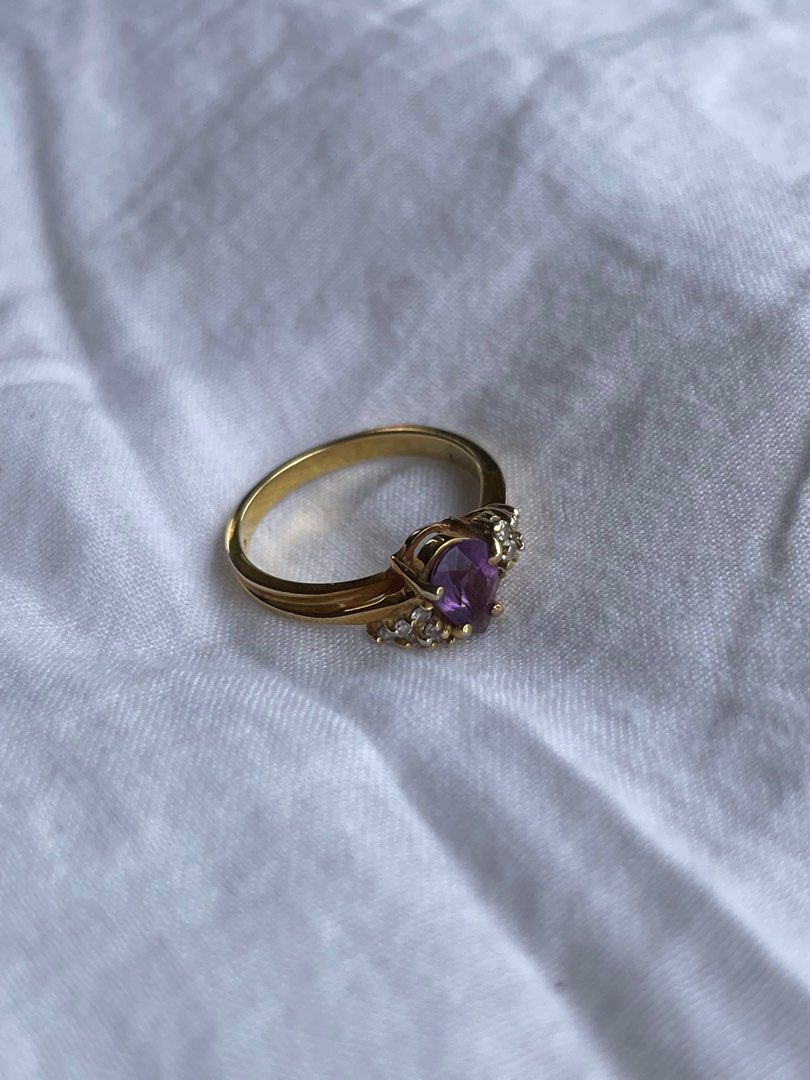 Amethyst Gold Ring w/ Diamond Accents (Category: Rings) located in Manila. Submitted by shinypiece83709 (Listing ID 1228430695, Image 1). Description: This piece has brought me joy and calmness for years. You can never go wrong with this dainty yet statement piece you can keep for years. Hallmarked 10 karat with natural diamonds and amethyst stone. This lovely ring is in size 6-6.25 approximately. .