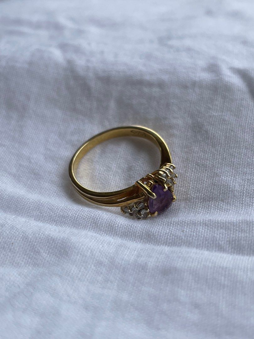 Amethyst Gold Ring w/ Diamond Accents (Category: Rings) located in Manila. Submitted by shinypiece83709 (Listing ID 1228430695, Image 2). Description: This piece has brought me joy and calmness for years. You can never go wrong with this dainty yet statement piece you can keep for years. Hallmarked 10 karat with natural diamonds and amethyst stone. This lovely ring is in size 6-6.25 approximately. .