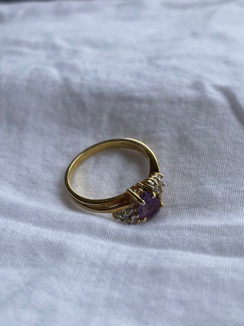 Amethyst Gold Ring w/ Diamond Accents (Category: Rings) located in Manila. Submitted by shinypiece83709 (Listing ID 1228430695, Image 3). Description: This piece has brought me joy and calmness for years. You can never go wrong with this dainty yet statement piece you can keep for years. Hallmarked 10 karat with natural diamonds and amethyst stone. This lovely ring is in size 6-6.25 approximately. .