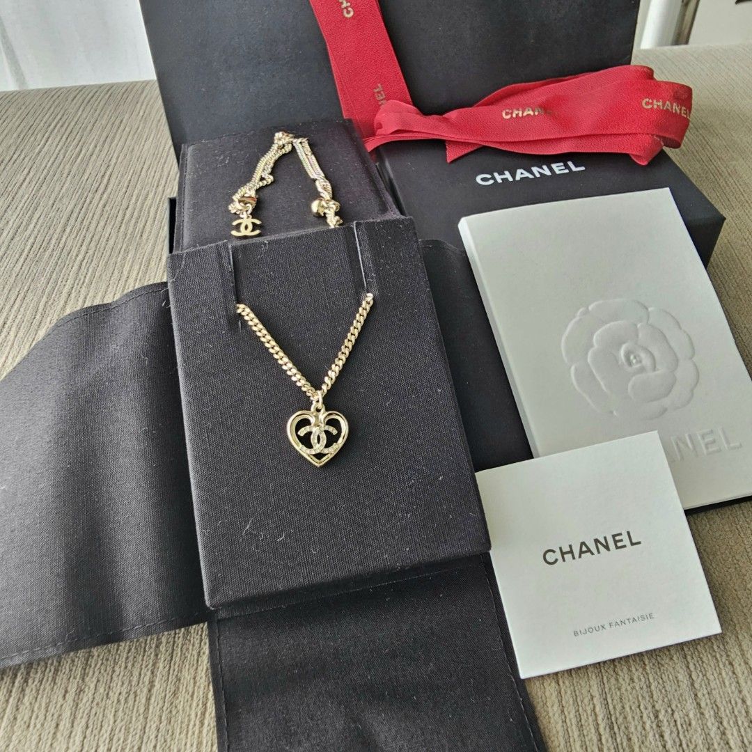 Chanel Goldtone and Crystal CC Heart Pendant Necklace - Yoogi's Closet