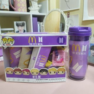 BTS meal "funko pop" style boxed display with tumbler