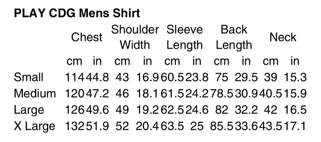 Cdg play size chart hotsell