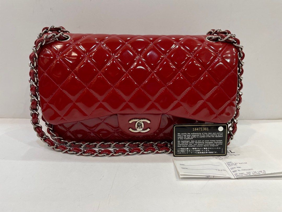 CHANEL RED CLASSIC PATENT JUMBO DOUBLE FLAP BAG SHW