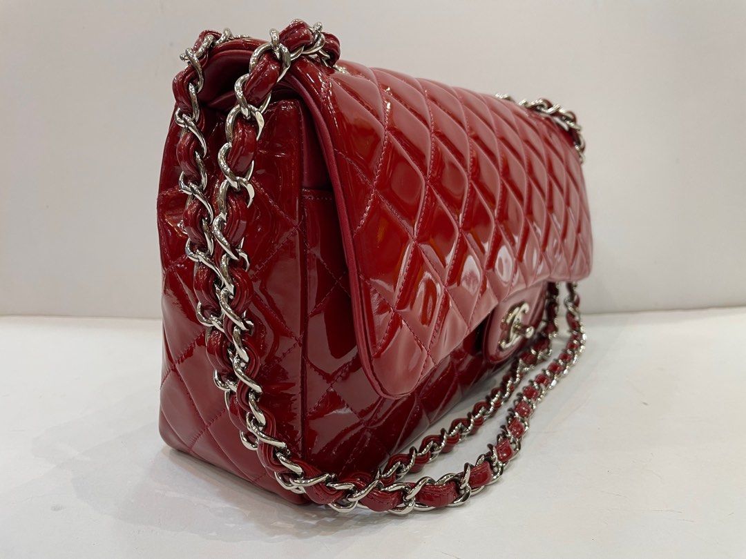 CHANEL RED CLASSIC PATENT JUMBO DOUBLE FLAP BAG SHW