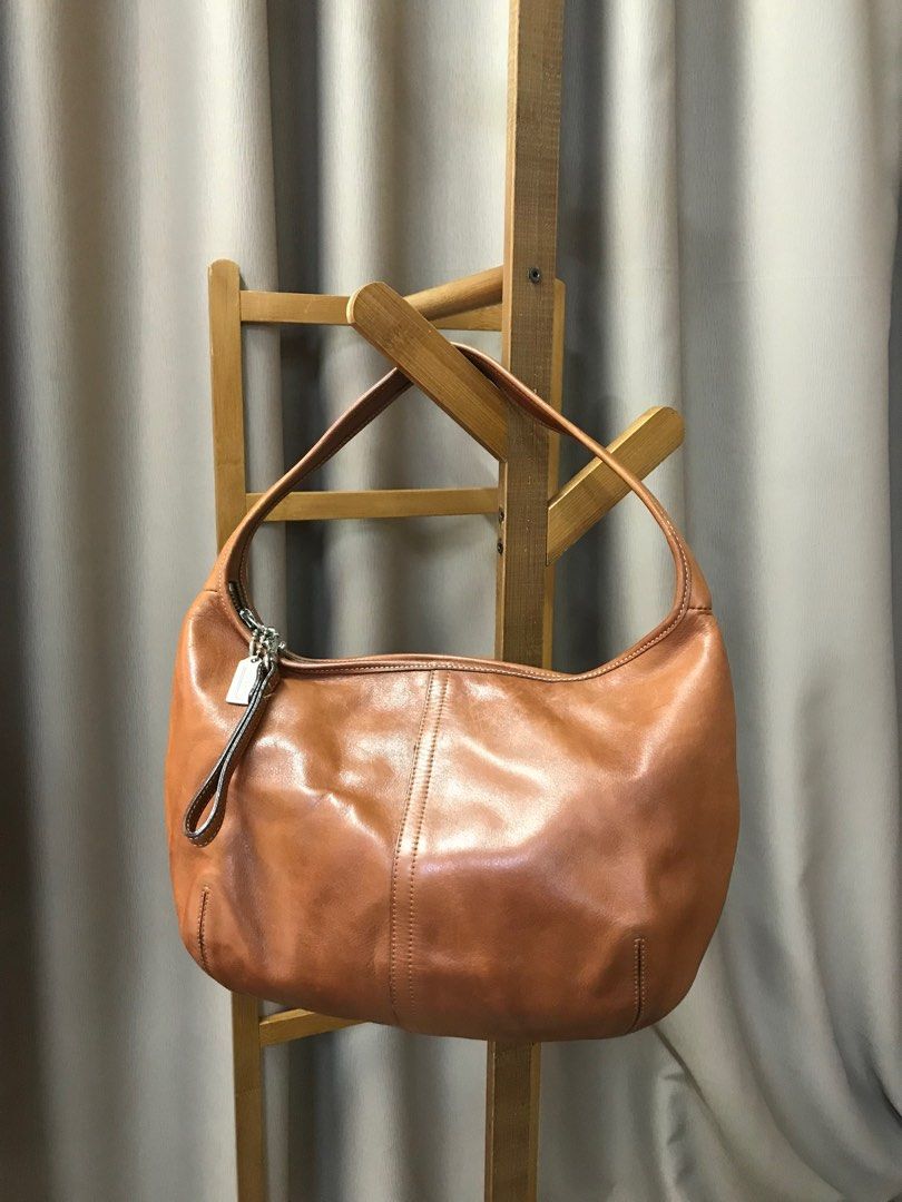 Vintage Coach Bag Purse 9226 Tan Leather Zip Round Hobo Brown Logo Bag Chain