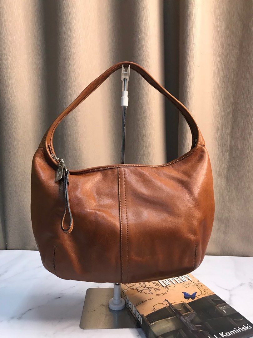 Vintage Coach Bag Purse 9226 Tan Leather Zip Round Hobo Brown Logo Bag Chain