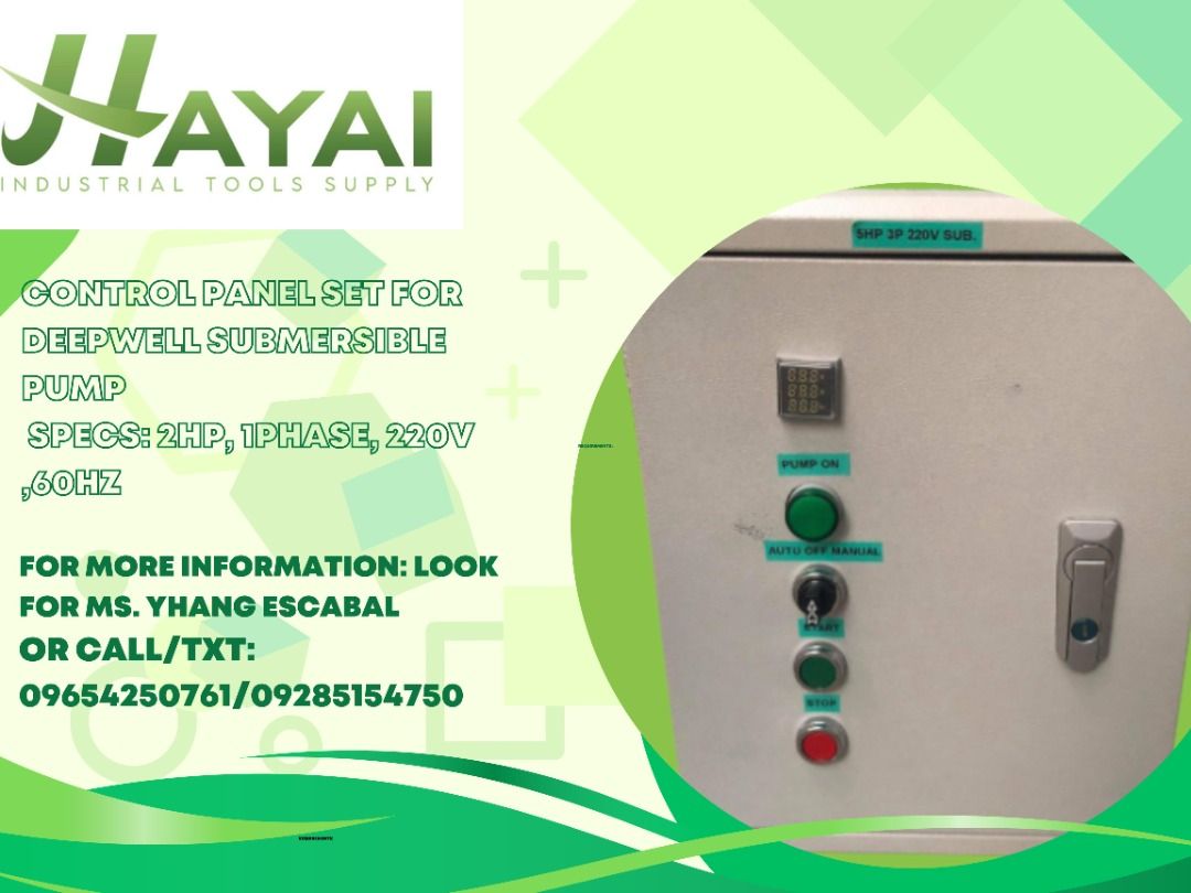 Control Panel Set for deepwell Submersible Pump (Category: Construction & Building Materials) located in Caloocan City. Submitted by sales.yhangescabal001 (Listing ID 1228502051, Image 1). Description: Control Panel Set for deepwell Submersible Pump Specs: 2hp, 1phase, 220v ,60Hz WELCOME!!!! Hayai Industrial Tools Supply we're more than just fast. For assistance with your industrial, hardware, and construction needs, CALL/TXT ☎️(09654250761/09285