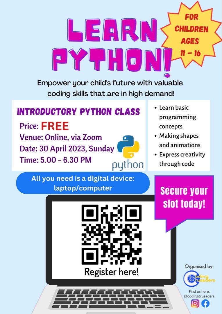 FREE Python Class for Teens (Category: Laptops & Notebooks) located in Singapore. Submitted by dirtywall (Listing ID 1228452928, Image 1). Description: Sign up here at no cost! https://docs.google.com/forms/d/e/1FAIpQLSfgzu1490uqKszyBGkt14KJYStqHI7ZvAlEIDBOkbW8iD4xkQ/viewform.