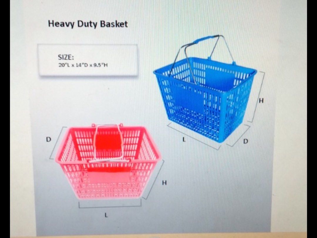 GROCERY SHOPPING BASKETS (Category: Storage Boxes & Baskets) located in Manila. Submitted by franciscojof (Listing ID 1222756243, Image 2). Description: Selling this from my Company Principal ,SD: -Heavy Duty Shopping Basket with Steel handle -All plastic Shopping Basket -Light Duty Shopping Basket with Steel handle - connect this cross bar on slotted post of Gondolas for display of blister type packaged products Please PM me for the order or any