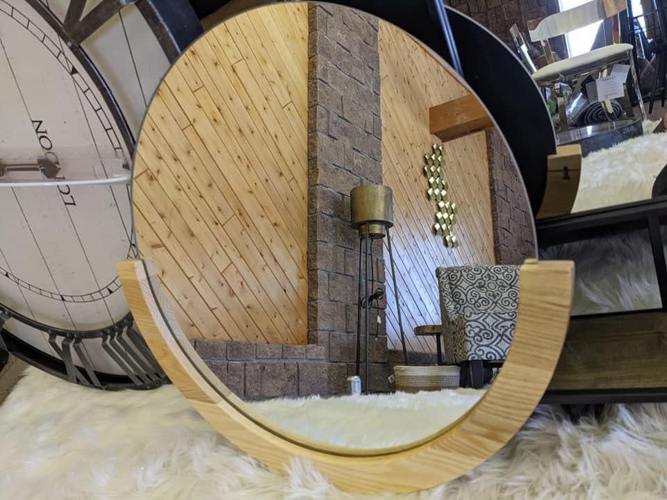 Imported Modern Minimalist Round Wall Mirror (Category: Mirrors) located in Las Pinas. Submitted by aron.aron (Listing ID 1228390161, Image 2). Description: Modern Stylish Wall Mirror Wooden base 22.5" (57cm) Very Good Condition Can be pick-up in Las Pinas near City Hall.