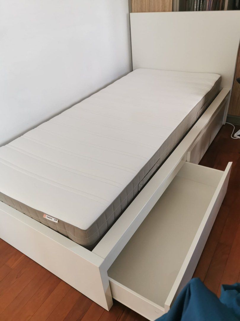 MALM Single Bed Frame + Mattress White, Furniture & Home Living