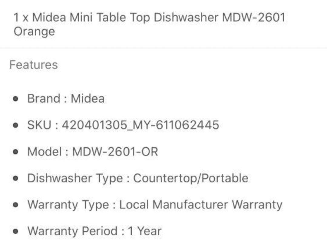 Midea Counter Top Dishwasher MDW2601, TV & Home Appliances, Other Home