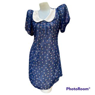 navy blue polka dress with collar and ribbon