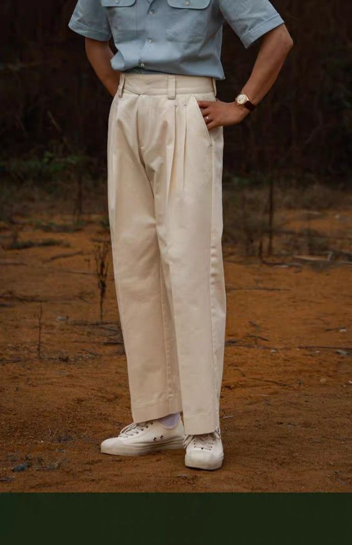Off White Cream Cotton Twill Double Reverse Pleats High Waist Trousers