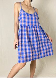 SALE: Orange & berry plaid strapy slip on dress