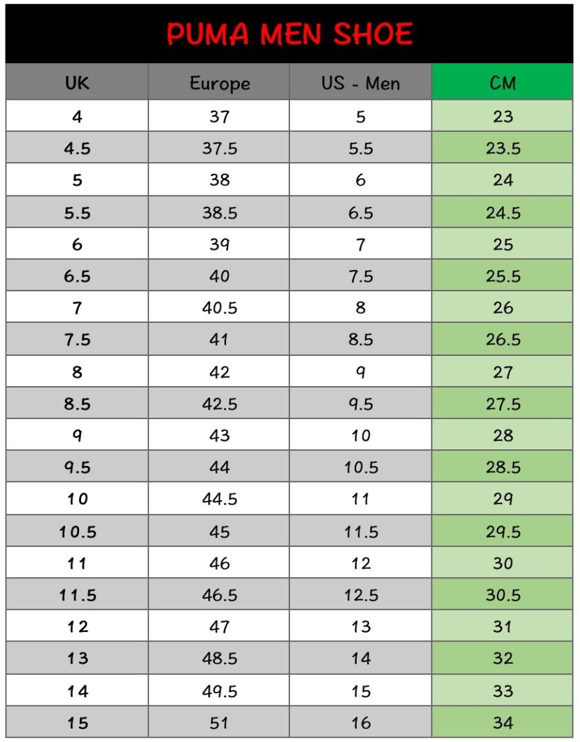 Puma mens shoes size store chart