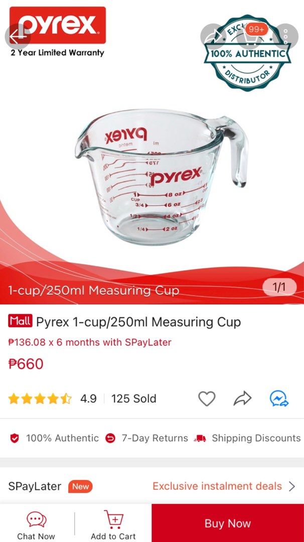 available: PYREX 1 Cup 250 mL Measuring Cup (Category: Other Kitchenware & Tableware) located in Manila. Submitted by love.club (Listing ID 1228556180, Image 1). Description: purchased in japan AUTHENTIC rfs: extra available while posted 🤍 Shipping (sf c/o buyer) * Grab * Lalamove * J&T (65 Php Luzon; 95 Php Visayas; 105 Php Mindanao) Mode of Payment * BPI * GCash * Maya .