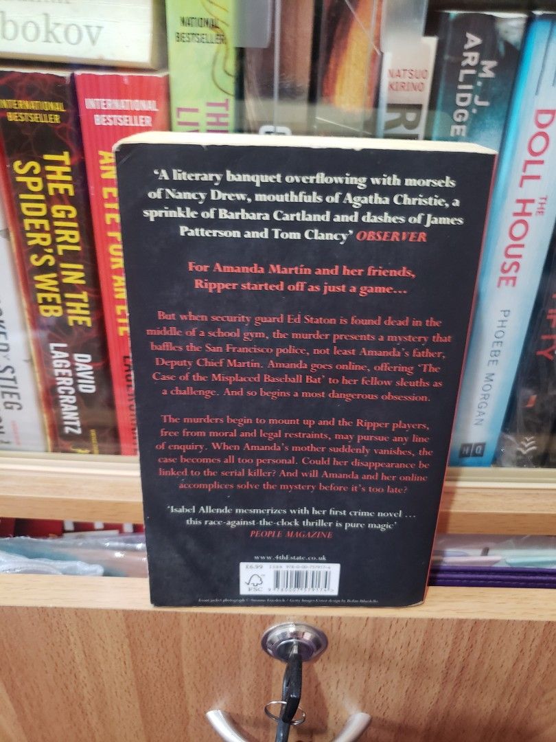 Ripper by Isabel Allende (Category: Storybooks) located in Malolos. Submitted by purplereader (Listing ID 1228525964, Image 2). Description: Ripper Isabel Allende ✅MMPB ✅GC, with tanning and foxing 🐼Php 65 💰MOP: ⏩COD for meet up transactions ⏩Gcash if via courier ⏩Shopee (plus 7.5% on book price) 📦MOD (buyer will shoulder sf): ⏩Meet up if Malolos area (preferred) ⏩J&T (direct, sf must be paid via gcash before shipment) ⏩Can do shopee checkout 