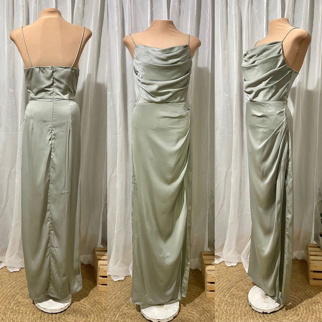 Sage green silk bridesmaid dress on Carousell