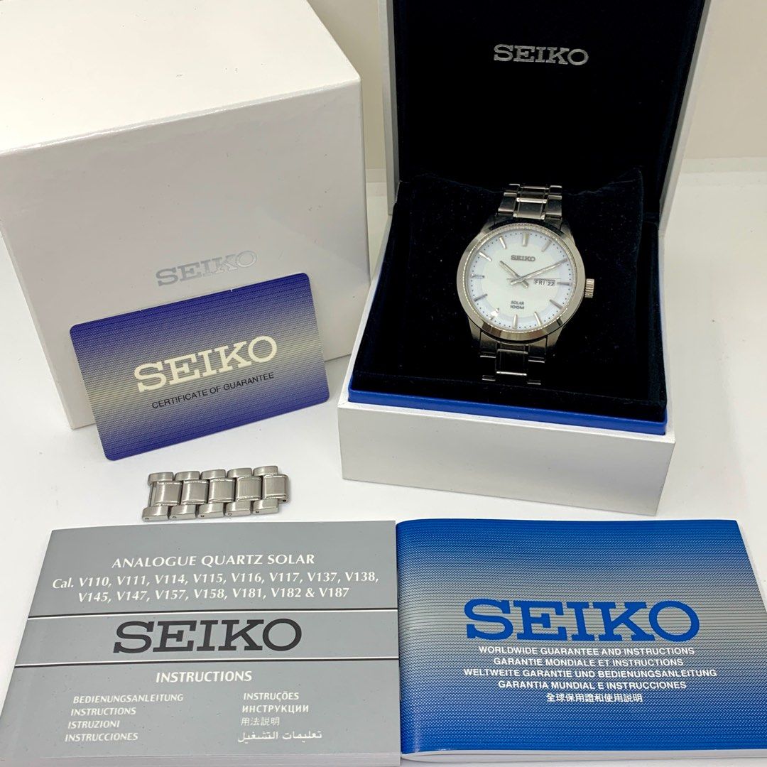 SEIKO V158-0AS0 SILVER STAINLESS STEEL SOLAR PRESAGE FULL SET