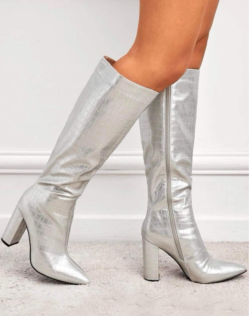 silver glitter knee high boots