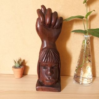 Vintage figa fist carved teak wood sculpture shelf display