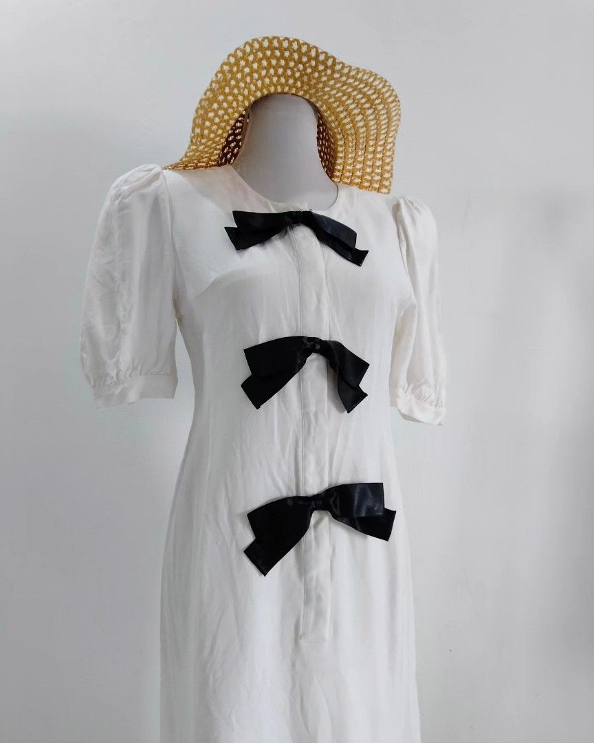 White Elegant Black Ribbon Dress