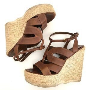 YSL Brown Raffia Wedges