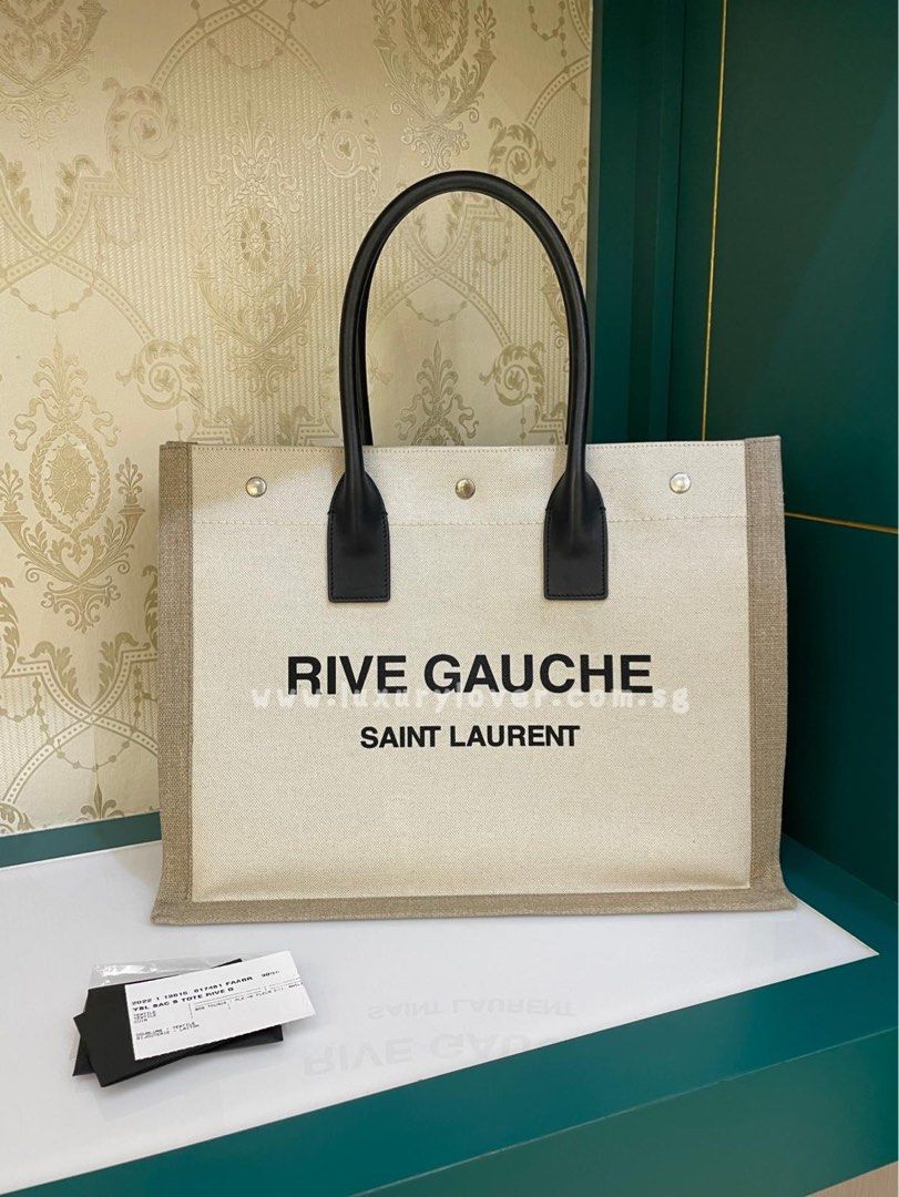 Shop Saint Laurent Rive Gauche Small Tote Bag in Linen and Leather