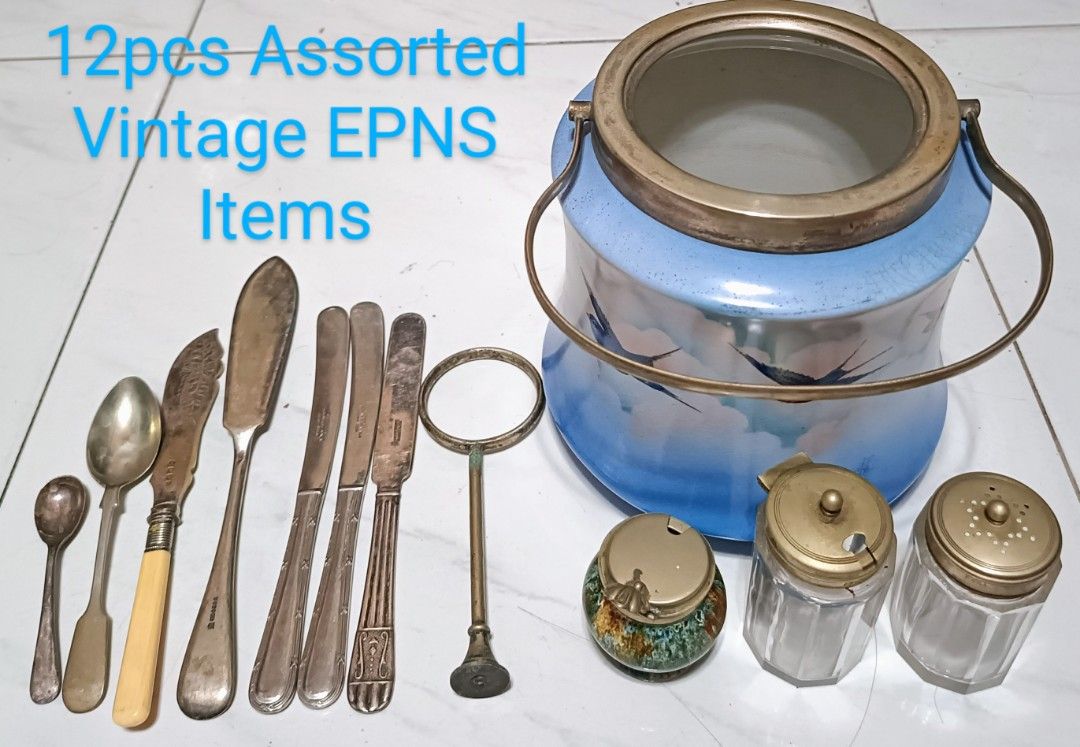 12pcs Assorted Antique/Vintage EPNS Kitchenware (Category: Cookware & Accessories) located in Las Pinas. Submitted by mirlynncurioshop (Listing ID 1228602911, Image 1). Description: 12pcs Assorted Antique/Vintage EPNS Kitchenware including a RARE Enamel Painted Ceramic Bucket with EPNS Rim and Handle. I also have an EPNS Cup/Mug cover, I will include that in the lot so you will receive 13 items all in all. GCash payment Shipping fee c/o buyer Loc