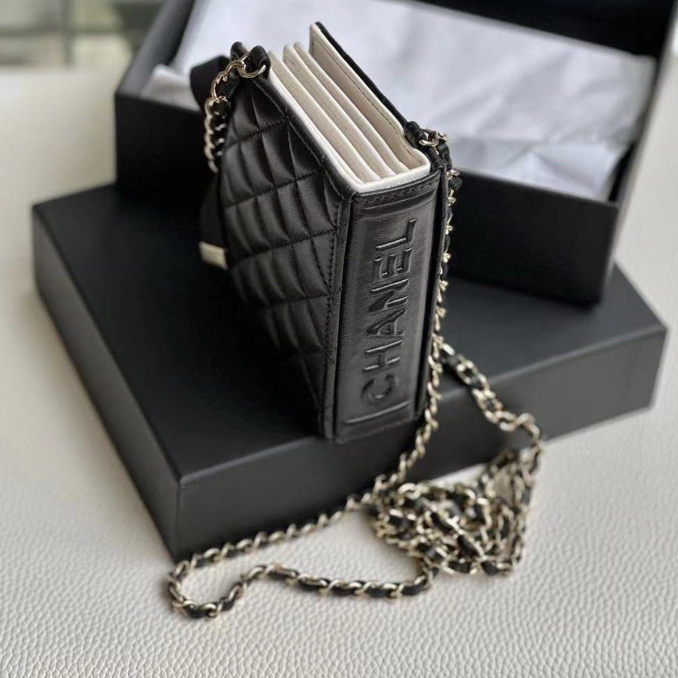 Authentic Chanel Black Lambskin Quilted Book Card Holder on Chain with  Ribbon