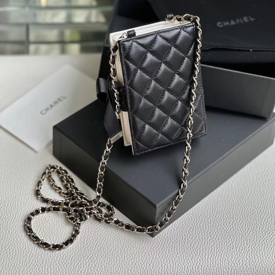 Chanel Lambskin Quilted Book Card Holder on Chain Black