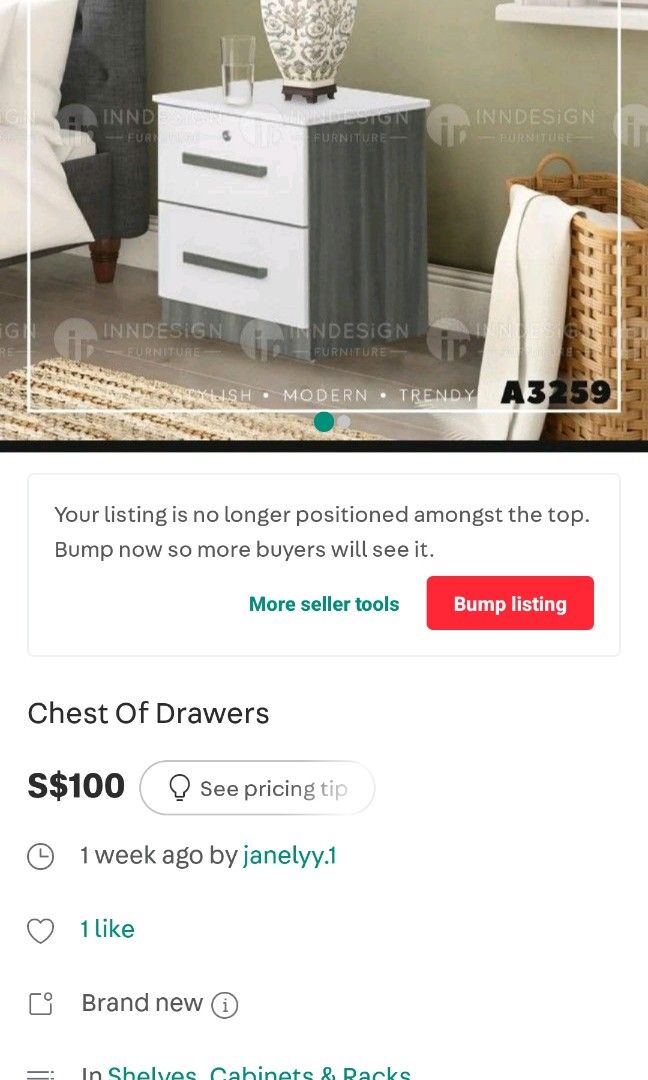 Bedside table (Category: Tables & Sets) located in Singapore. Submitted by brightmoon_d2c8be (Listing ID 1228576978, Image 1). Description: hi willing to sell my bedside table for 2 @200 . each is 100..