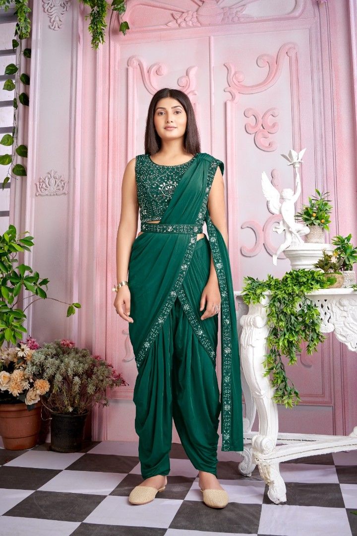 Samatvam by Anjali Bhaskar Pre-draped Pant Saree | Green, Georgette  Shantoon, V-shaped Neckline, Sleeveless | Pant saree, Drape pants, Fashion