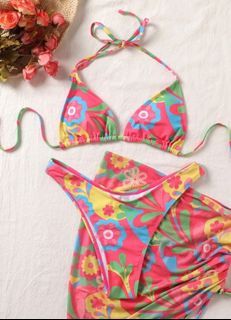 3-Piece Bikini Set, Floral Print Bikini + Ruched Skirt Cover Up