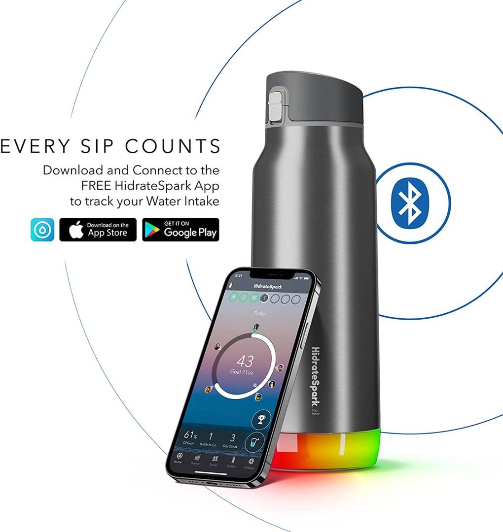 HidrateSpark PRO Smart Water Bottle Stainless Steel - Tracks Water ...