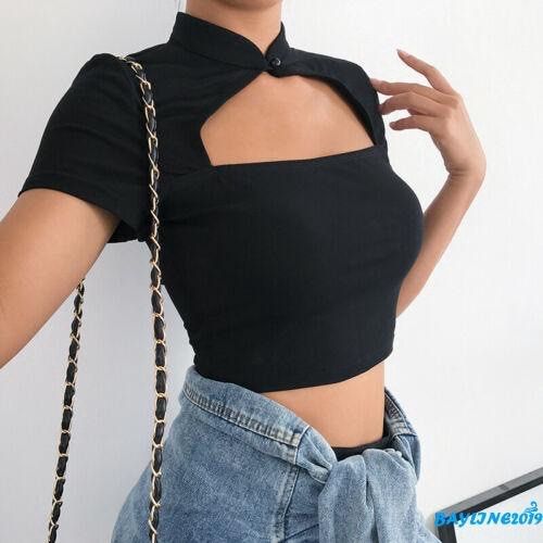 High Collar Chest Cut Out Crop Top Women s Fashion Tops Shirts