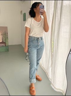 HARGA NET highwaist Boyfriend jeans light blue mky clothing denim